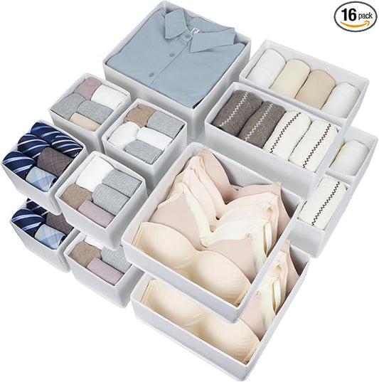 Fordonral 16 Pack Drawer Organizer Clothes, Foldable Fabric Dresser Organizer Closet Organizers and Storage Box for Underwear,Folded Clothes,Baby Clothing,Socks,Bra,Towels,Ties(White)