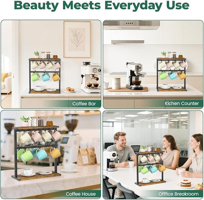 EsLuker.ly Coffee Mug Holder Cup Tree Rack for Countertop, 2 Tier Rustic Wood Coffee Bar Station Organizer Narrow Display Stand for Kitchen Office, Hold 14 Mugs with Sturdy Base, Free Up Counter Space