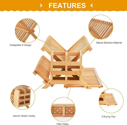 Bamboo Dish Drying Rack, 3 Tier Collapsible Wooden Dish Drainer Rack with Utensil Holder, Plate Rack for Kitchen Counter, Large Folding Drying Holder 51 pcs Grid
