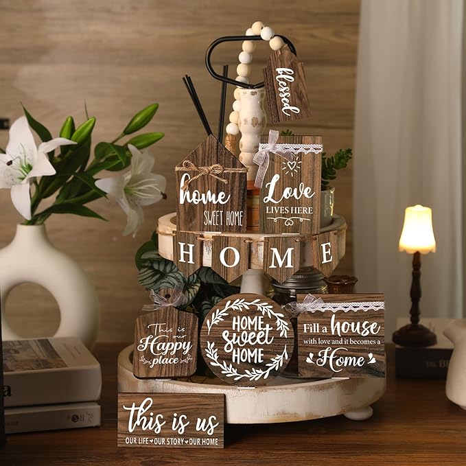 11 Pcs Home Tiered Tray Decor Sweet Home Rustic Farmhouse Tiered Tray Decorations Set Spring Wooden Signs Vintage Farm Animal Farmhouse Tabletop Wood Signs for Kitchen Table Shelf Decor