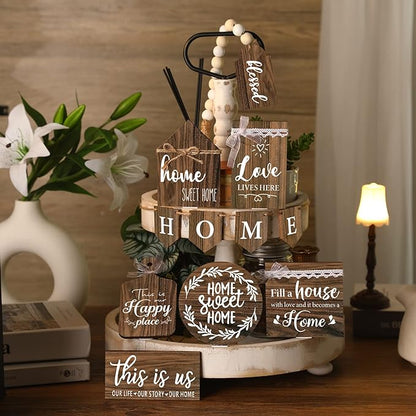 11 Pcs Home Tiered Tray Decor Sweet Home Rustic Farmhouse Tiered Tray Decorations Set Spring Wooden Signs Vintage Farm Animal Farmhouse Tabletop Wood Signs for Kitchen Table Shelf Decor