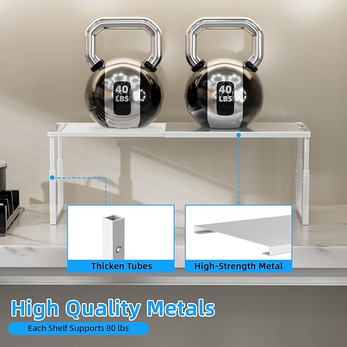 Shelf Organizer Stackable 1 Pack: Expandable (15.8"-25.5") Spice Rack Height Adjustable(6.2"/7.3"/8.5") Kitchen Organizer Countertop Metal Shelves for Pantry Storage White