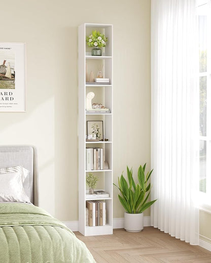 Hzuaneri Bookcase, Tall Narrow Bookshelf, Open Display Storage Shelf, Skinny Cube Book Shelf with Adjustable Shelves, CD Rack for Living Room, Home Office 7-Tier(9.4 x 11.8 x 84.3 inch) White BC79703X