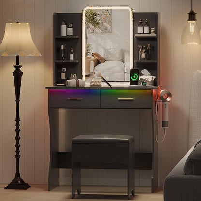 Small Vanity Desk with Mirror and Lights, Makeup Vanity with LED Lights, Black Vanity Mirror with Lighted Desk and Chair, 3 Lighting Adjustable Compact Dressing Table with Mirror for Women, Girls