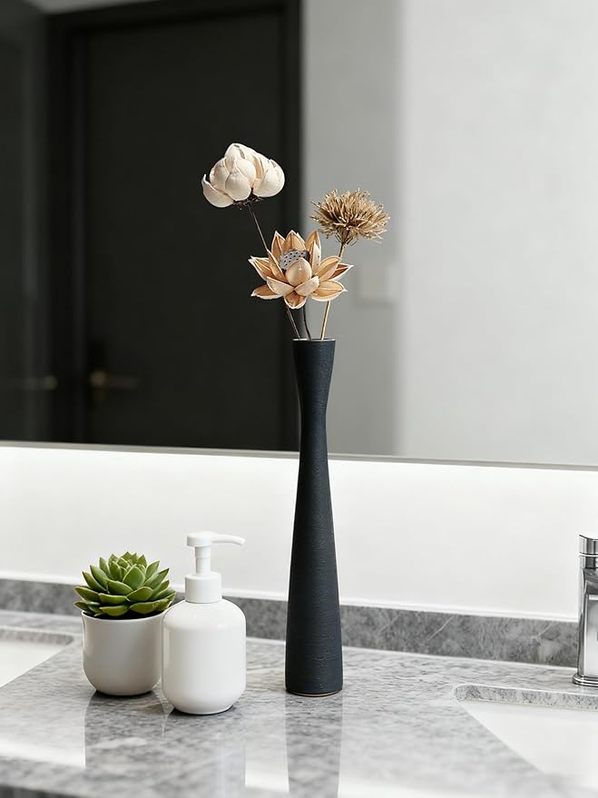16.5 Inch Tall Skinny Ceramic Flower Vase, Dark Gray, 100% Handmade, Excellent Quality, Ideal for Home Decoration, Wedding, Birthday, Event, Centerpiece, Table, Floor Vase
