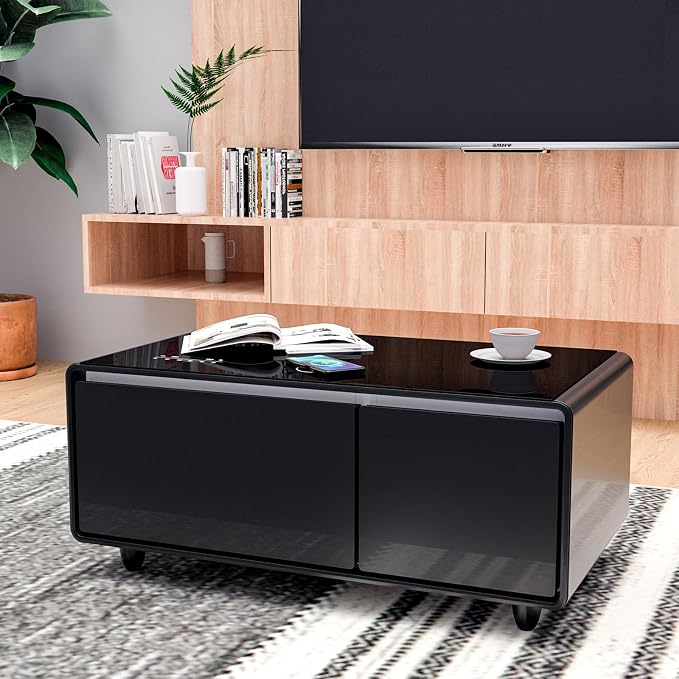 Smart Coffee Table with Fridge and Bluetooth, Smart Living Room Table with Frozen Drawers, Dual Speakers, 15W Wireless Charger, Touch Control, USB Ports, Atmosphere Light, LT90 Ultra-Black