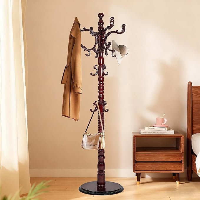 Solid Birch Wood Cloth Tree with Hooks, Coat Rack Freestanding with Adjustable Height 37.4’’-72.83’’, Wooden Freestanding Coat Rack for Entrance, Office, Living Room, Bedroom, Corridor