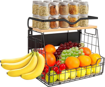 Livabber Magnetic Fridge Organizer Basket with Wood Shelf, Large Fruit Vegetable Storage Bin, Spices Snacks Condiments Rack for Kitchen Pantry, Laundry Room, Office, Magnetic or Wall Mount (Black)