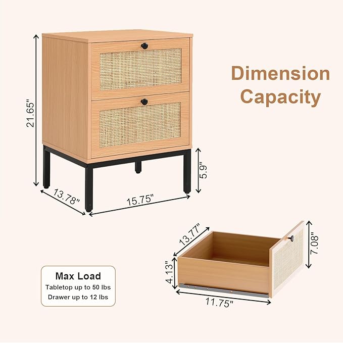 XIAO WEI Natural Rattan Nightstand Set of 2, Boho Night Stand with 2 Drawers, Bedside Table Accent Cane End Table Side Table for Bedroom Living Room, Metal Legs/Small/Light Brown
