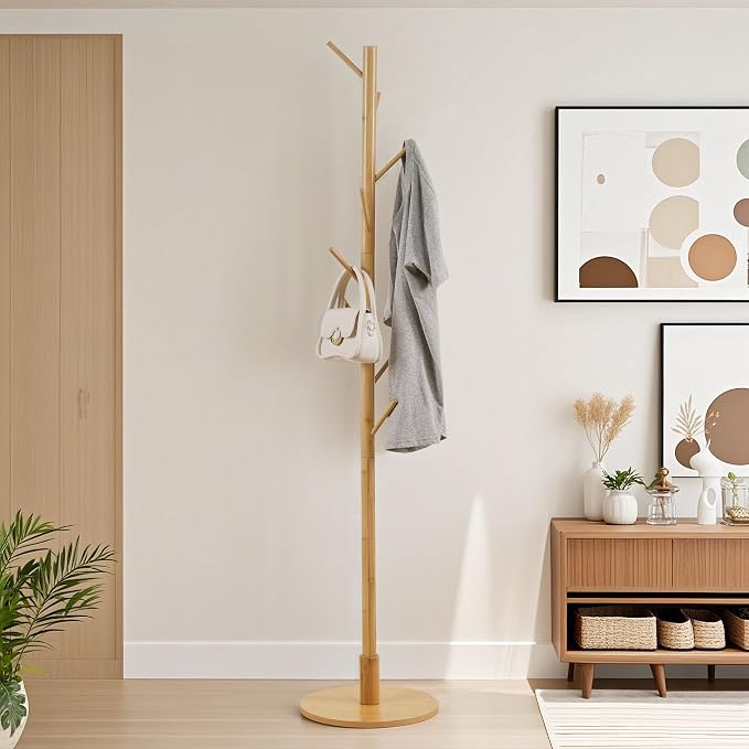 VECELO Coat Rack Freestanding, Entryway Hanger Stand, Umbrella Holder, Hall Tree With Hooks, Floor Standing Tree Stand,Light Wood
