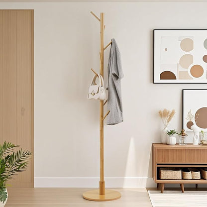 VECELO Coat Rack Freestanding, Entryway Hanger Stand, Umbrella Holder, Hall Tree With Hooks, Floor Standing Tree Stand,Light Wood