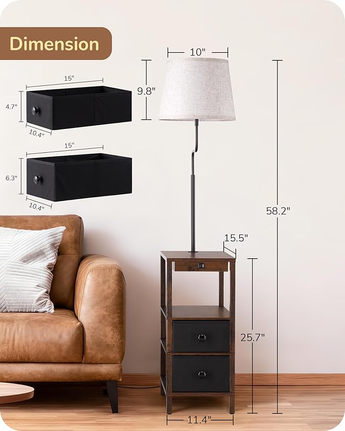 EDISHINE Floor Lamps for Living Room, 3000K-6500K Dimmable Floor Lamp with Table, USB-A+Type-C Charging Port, Table with Lamp Attached for Bedroom, Den, Office, Kids Room, Fire-Burned Wood Color