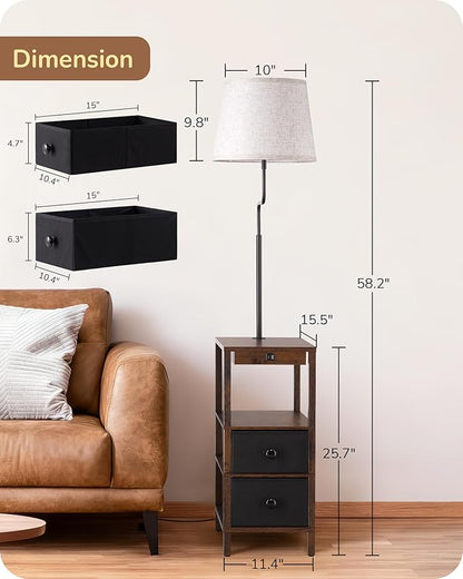 EDISHINE Floor Lamps for Living Room, 3000K-6500K Dimmable Floor Lamp with Table, USB-A+Type-C Charging Port, Table with Lamp Attached for Bedroom, Den, Office, Kids Room, Fire-Burned Wood Color