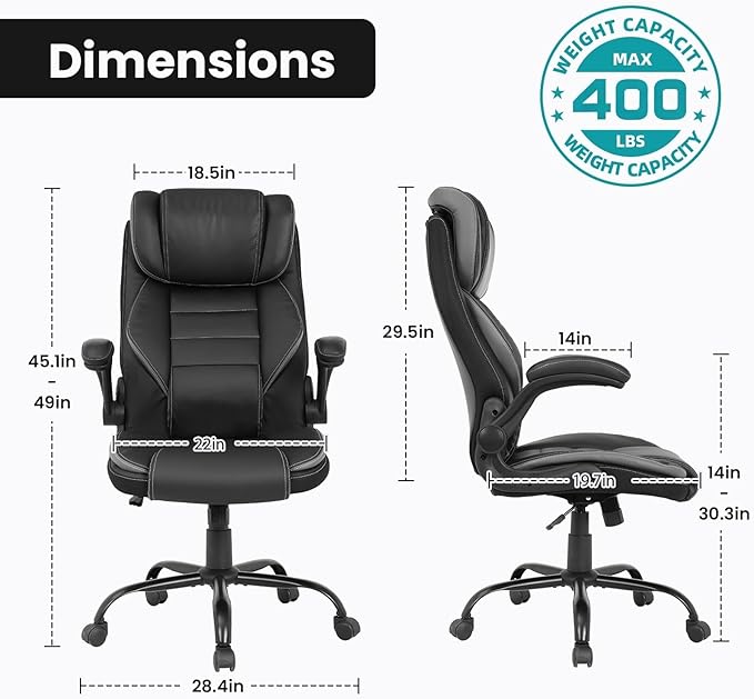 Big and Tall Executive Office Chair 400lbs for Heavy People, Ergonomic Computer Desk Chair with Lumbar Support & Adjustable Headrest, Comfy High Back Leather Office Chairs for Back Pain Relief, Grey