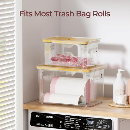 Delamu Acrylic Trash Bag Holder, 2 Pack (XL+S) Stackable Garbage Bag Dispenser, Clear Organizer Bins for Under Sink Organization, Pantry Storage, Cabinet, Kitchen, Laundry, Bathroom
