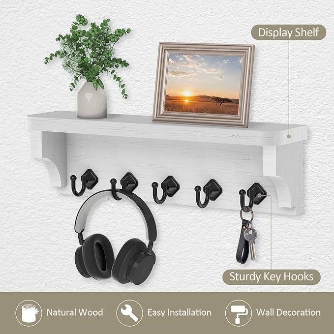 Nekon Key Holder for Wall, 11.8" W x 3.5" H x 2.8" D Decorative Key Organizer with Floating Shelf, Wall Mount Key Rack with 5 Hooks (Rustic White)
