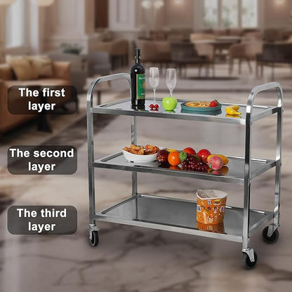 uyoyous Extra Large 3 Tier Stainless Steel Utility Cart 37 x20 x37 inch Commercial Heavy Duty Rolling Cart Food Storage Service Trolley with 360°Rotatable Wheels for Kitchen Hotel Restaurant Home Use
