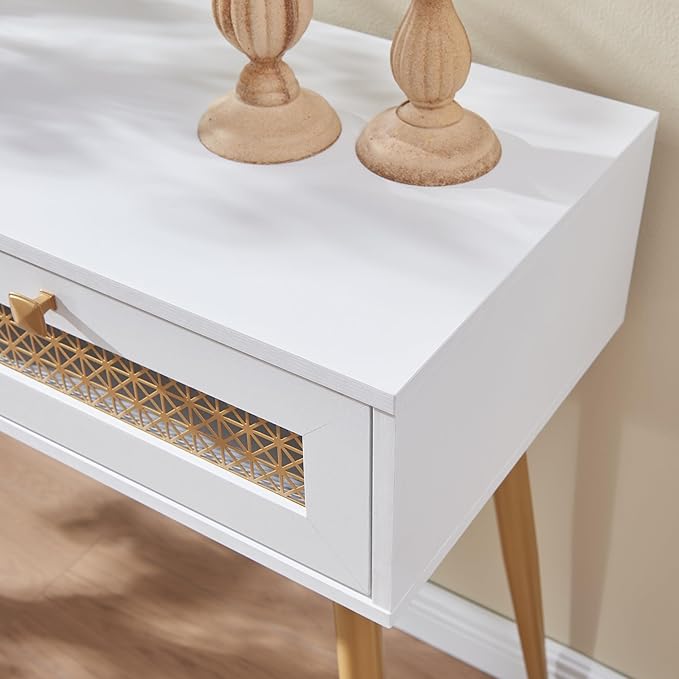Mid-Century Style Entryway Table, Console Table with Two Drawers, Narrow Sofa Table for Living Room, Hallway, Rectangular, White