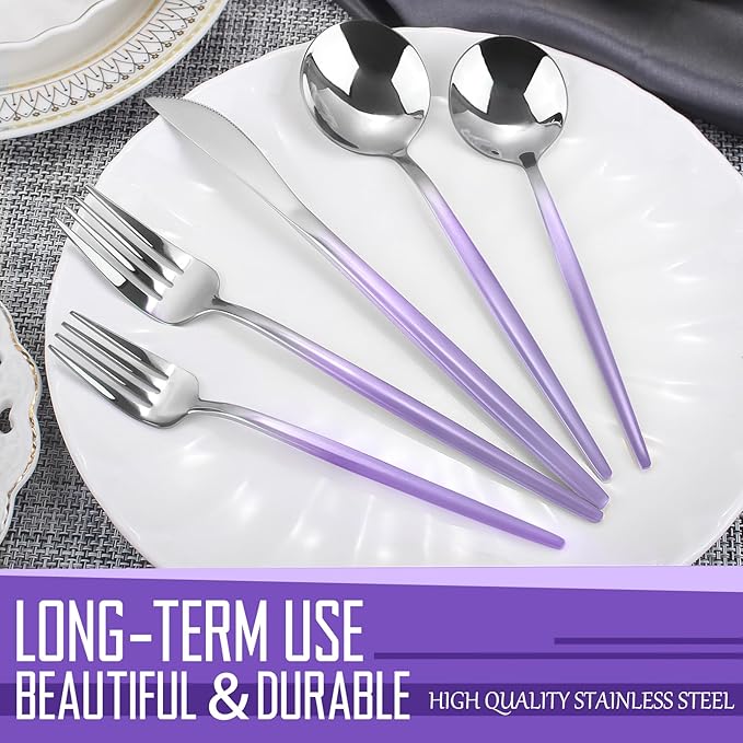 VANVRO Gradient Purple Silverware Set, 20-Piece Stainless Steel Flatware Cutlery Set, Kitchen Utensil Set Service for 4, Include Knife/Fork/Spoon, Mirror Polished, Dishwasher Safe