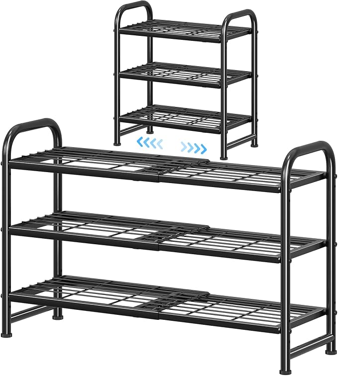 Simple Trending 3-Tier Expandable Shoe Rack, Adjustable & Stackable Shoe Organizer, Heavy Duty Metal Free Standing Shoe Shelf Storage for Closet Entryway Doorway, Black