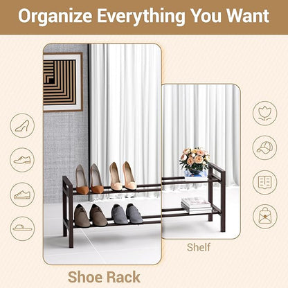 Haddockway Bamboo Shoe Rack for Closet, Free Standing Shoe Organizer with Smooth Round Rods & Convenient Handles, Stackable Shoe Storage Shelf for Entryway, Hallway(Brown, 2-Tier)