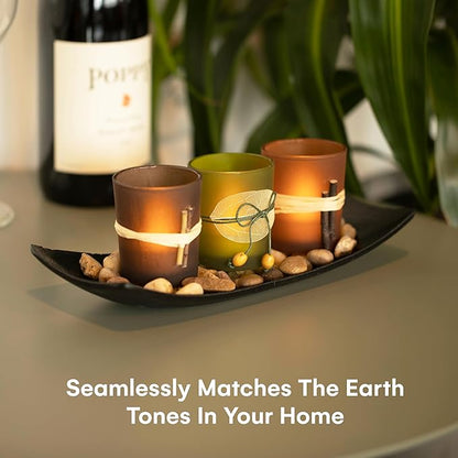 Dawhud Direct Decorative Votive Candle Holders, Vintage Decor Flameless Candlescape Set, 3 LED Tea Light Candles, Rocks and Tray - Fall Table Decor (Earth Tones) (Pack of 2)
