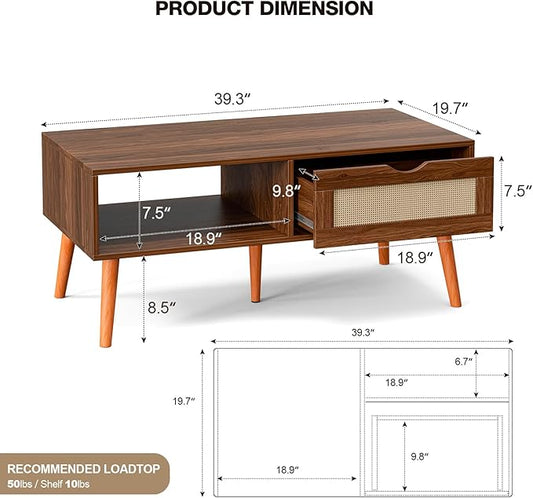 ZttRiee Coffee Table with Storage, Boho Dining Table with Rattan Drawer and Solid Wood Legs, Small Coffee Tables for Living Room, Walnut