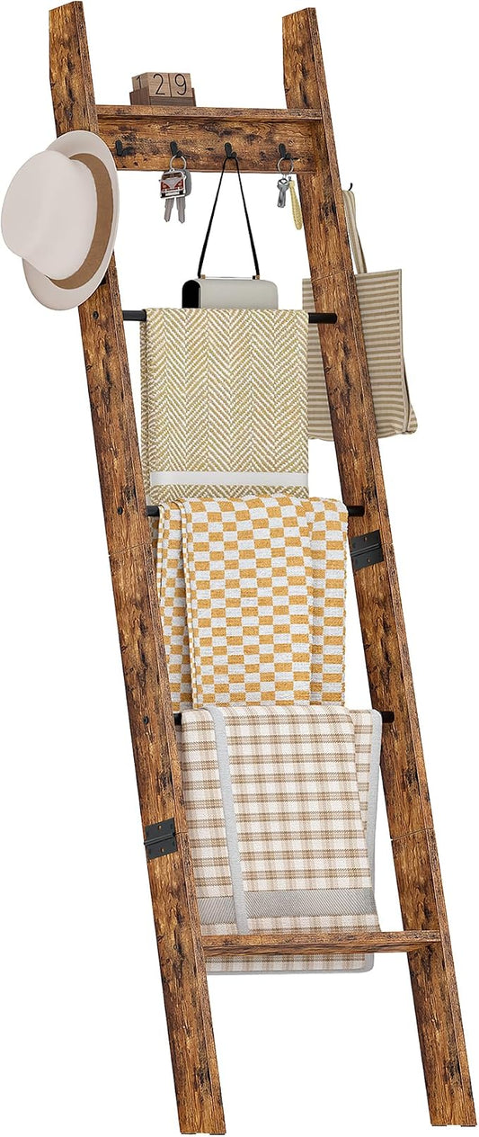 CHOEZON 5-Tier Blanket Ladder, Wooden Blanket Display Rack, Towel Ladder with Hooks, Wall Leaning Display Shelf, for Living Room, Bedroom, Balcony, Rustic Brown and Black MCJ02FG