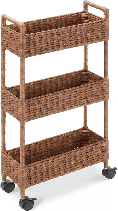 Best Choice Products 3-Tier Slim Water Hyacinth Rolling Nursery Caddy w/Wheels, Handwoven Utility Cart, Narrow Storage Organization for Bathroom, Craft Room, Laundry Room - Chestnut