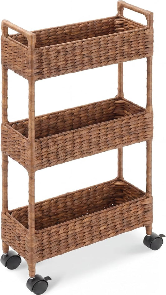 Best Choice Products 3-Tier Slim Water Hyacinth Rolling Nursery Caddy w/Wheels, Handwoven Utility Cart, Narrow Storage Organization for Bathroom, Craft Room, Laundry Room - Chestnut