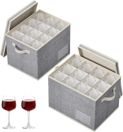 Lifewit 2 Pcs Wine Glass Storage Box with Dividers, Stackable Cationic Hard Shell Stemware Containers with 24 Cells, Foldable Dustproof China Containers for Moving, Light Grey, 37 x28x27cm