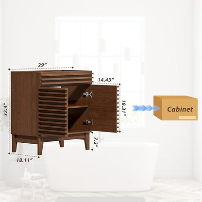 APRILSOUL 30" Bathroom Vanity, Mid-Century Bathroom Vanity Cabinet with 2 Soft Closing Doors, Freestanding Bathroom Cabinet, Particleboard Frame with Wood Grain Laminate, Walnut (Sink Not Included)