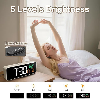 Netzu 3-in-1 Small Digital Clocks for Living Room with Temperature, Date & Time Display - 4 Levels Birghtness, 3 Volumes, Compact Plug-in Alarm Clock for Bedroom, Office (White)