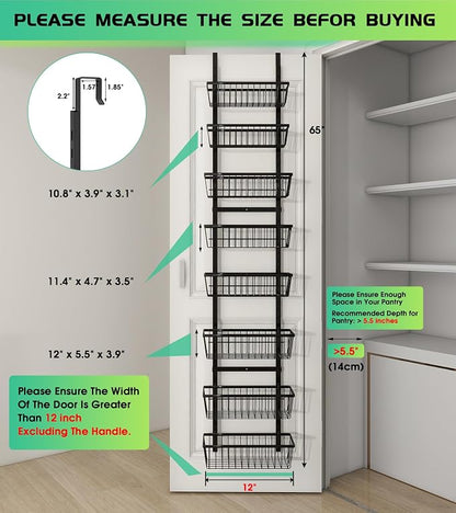 Mefirt 12 Inch Wide Narrow Over The Door Pantry Organizer, Pantry Organization and Storage, Black 8-Tier Metal Hanging Deep Basket Wall Spice Rack Seasoning Shelves, Home & Kitchen Essentials
