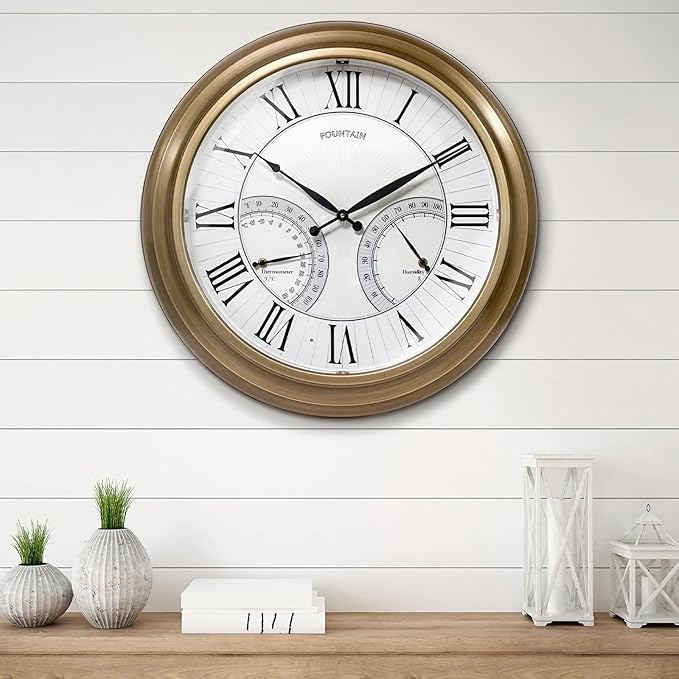 24 Inch in/Outdoor Wall Clock with Temperature and Humidity Combo, Large Outdoor Clock for Patio Large Waterproof with Thermometer,Antique Hamilton Gold Metal