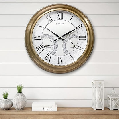 24 Inch in/Outdoor Wall Clock with Temperature and Humidity Combo, Large Outdoor Clock for Patio Large Waterproof with Thermometer,Antique Hamilton Gold Metal