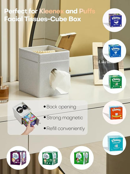 Cloudever Tissue Box Holder Cover, Modern PU Leather Square Decorative Tissue Holder Organizer-Woven New Off White