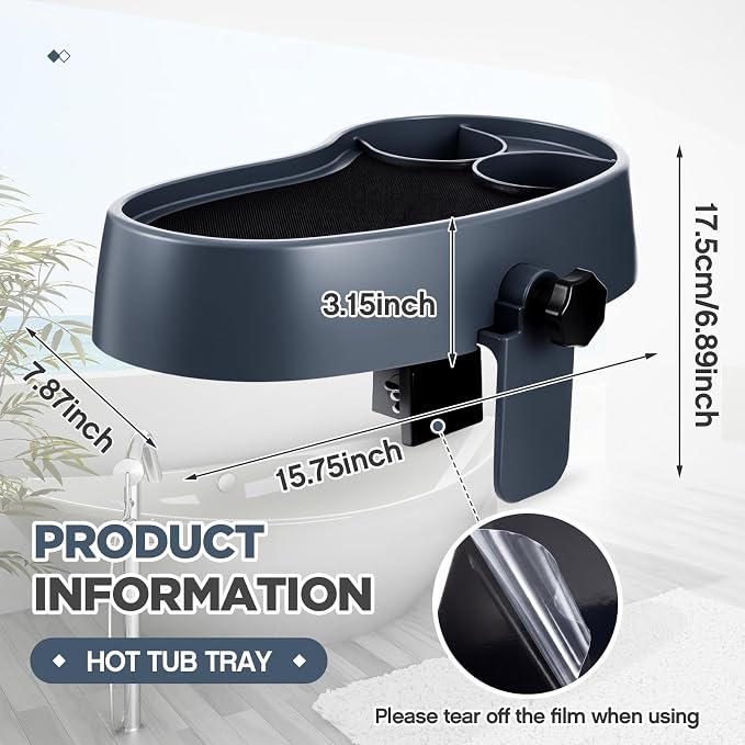 Geelin 2 Pcs Hot Tub Table Tray, Adjustable Aboveground Bathtub Tray with 2 Cup Holder, Between 2'' to 7.5'' Nonslip Hot Tub Accessories Shelf Drinks Snacks Phone Holder for Spa Bathtub (Dark Gray)