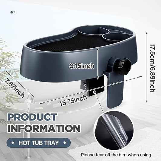 Geelin 1 Pc Hot Tub Table Tray, Adjustable Aboveground Bathtub Tray with 2 Cup Holder, Between 2'' to 7.5'' Nonslip Hot Tub Accessories Shelf Drinks Snacks Phone Holder for Spa Bathtub (Navy Blue)