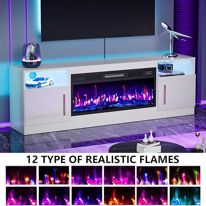 PRETZI Fireplace TV Stand with 36" Fireplace Up to 80" TVs, 70" Entertainment Center with LED Lights, Remote Control, TV Media Console with Storage Cabinets for Living Room, White