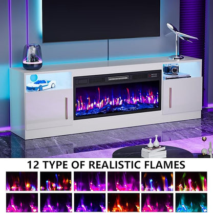 PRETZI Fireplace TV Stand with 36" Fireplace Up to 80" TVs, 70" Entertainment Center with LED Lights, Remote Control, TV Media Console with Storage Cabinets for Living Room, White