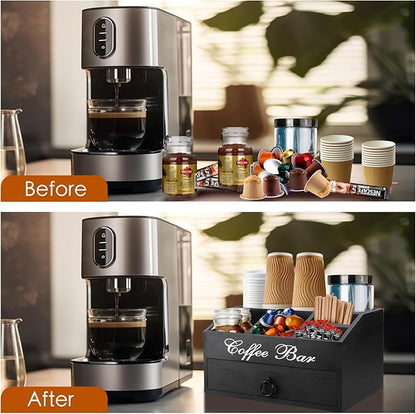 Coffee Station Organizer Pods Holder with Drawer, Farmhouse Wood Coffee Bar Accessories Decor and Tea Condiment Basket for Countertop