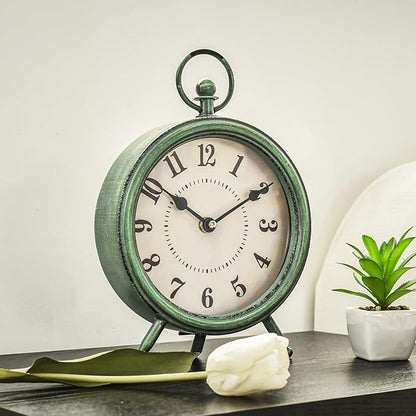 MACVAD EMAX Home Vintage Green Rustic Retro Table Clock, Silent Non-Ticking, Battery Operated, 10.5"H, 7.28"W, Green Dial, Tabletop, Indoor, Kitchen