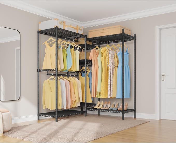 VIPEK L6 Heavy Duty Clothes Rack L Shape Clothing Rack 5-Tier Wire Garment Rack Freestanding Closet with 7 Adjustable Shelves & 4 Hanging Rods, 42.1" L x 42.1" W x 76.4" H, Max Load 850LBS, Black