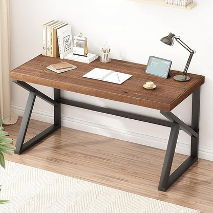 IBF Solid Real Wood 55 Inch Office Computer Desk, Rustic Writing Study Table for Student, Natural Wooden and Metal Gaming Home Office Desk, Rustic Industrial Executive Work Desk Workstation, Brown