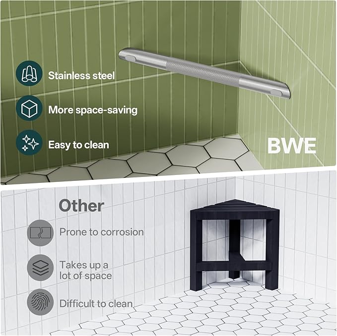 BWE Brushed Nickel Shower Foot Rest Bar, Stainless Steel Bar Corner Shower Foot Rest for Shaving Legs, Non-Slip Knurled Shower Step, Wall Mounted Bathroom Shower Shaving Foot Rest