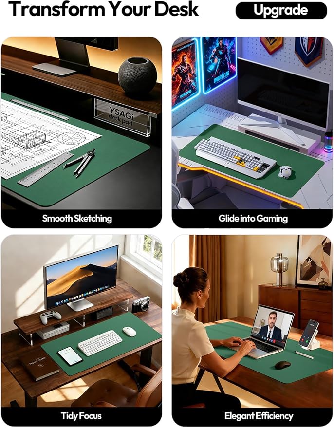 YSAGi Leather Desk Pad Protector, Office Desk Mat, Large Mouse Pad, Non-Slip PU Leather Desk Blotter, Laptop Desk Pad, Waterproof Desk Writing Pad for Office and Home (Jade Green, 31.5" x 15.8")