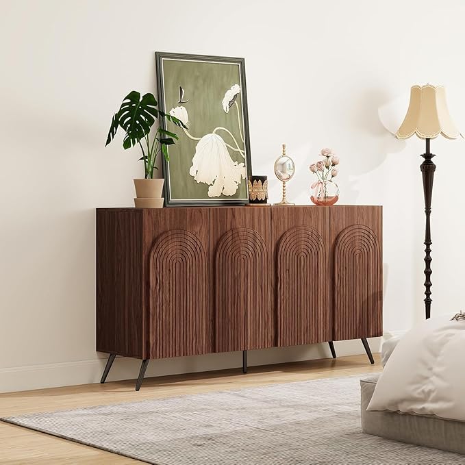 59" Accent Storage Cabinet with 4 Doors, Modern Decorative Cabinet with 3D Carved Door, Sideboard Buffet Cabinets with Adjustable Shelves, Credenza for Living Room, Entryway, Kitchen, Walnut