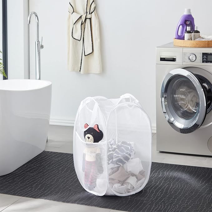 TECHMILLY Collapsible Mesh Pop Up Laundry Hamper with Sturdy Handles and Side Pocket - Portable Foldable Clothes Baskets for Dorm, Bathroom & Travel Storage (White, 3 Packs)