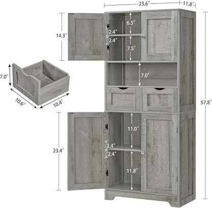 TEENFON 57.8" H Tall Storage Cabinet with 2 Drawers & 2 Adjustable Shelves, Bathroom Storage Cabinet with 4 Doors, Floor Cupboard, for Living Room, Dining Room, Entryway, Woodgrain Gray